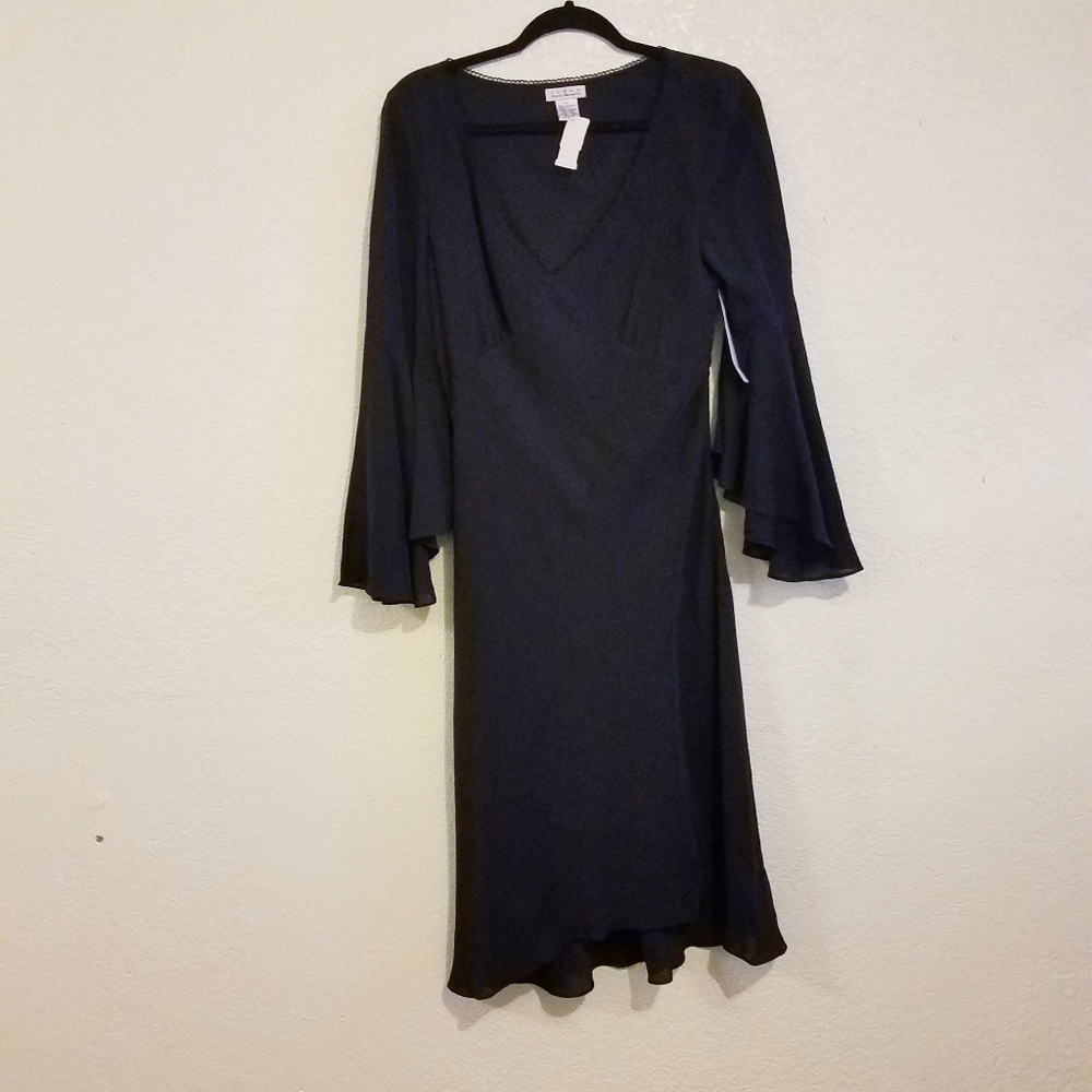 Redux bell flare sleeve midi v neck silk dress